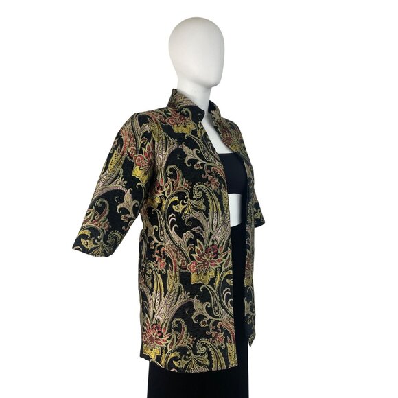 Floral Embroidered Open Jacket Womens Multicolor Brocade 3/4 Sleeve - Picture 2 of 7